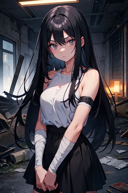 anime girl, long black hair, grey eyes, at night in an abandoned place, bandages on the arm, blood on hand, serious face