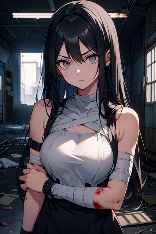 anime girl, long black hair, grey eyes, at night in an abandoned place, bandages on the arm, blood on hand, serious face