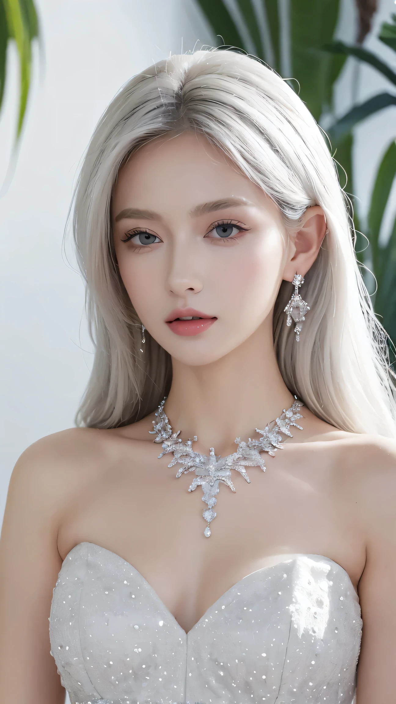 (Masterpiece, best quality: 1.4), Detailed background, White Crystal, crystal cluster,long hair,decorations, earring, necklace, crown, bride, white hair, radius,woman ,20yr old,perfect face,perfect body