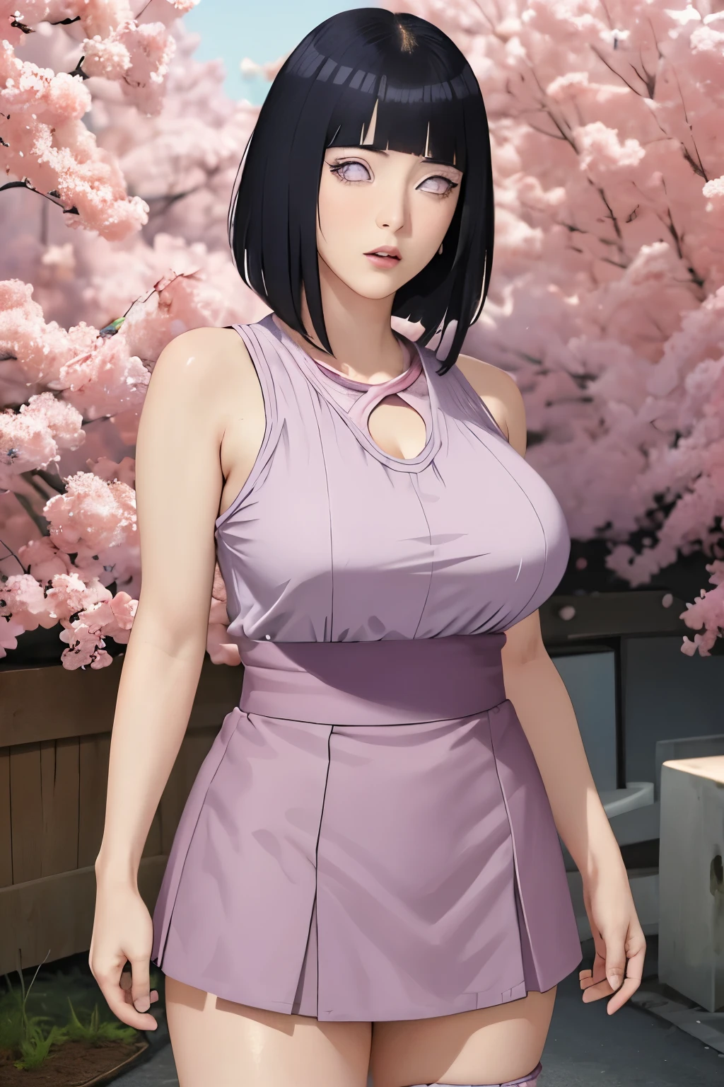 masterpiece, absurdres, hinata\(boruto\), 1girl, solo,mature female, high waist short skirt, looking at viewer, perfect composition, detailed lips, big breast, beautiful face, body propotion, blush, (pink lips), long hair, purple eyes, soft gaze, super realistic, detailed, photoshoot, realistic face and body,