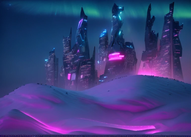 Masterpiece, 12k, uhd, photorealistic, a ultra beautiful suggestive landscape, with snow hills, snow land, futuristic metropolis in background, with skycrapers, night sky with stars, pink boreal aurora in the sky, light neon effects, cyberpunk dreaming atmosphere, (3D rendering buildings)