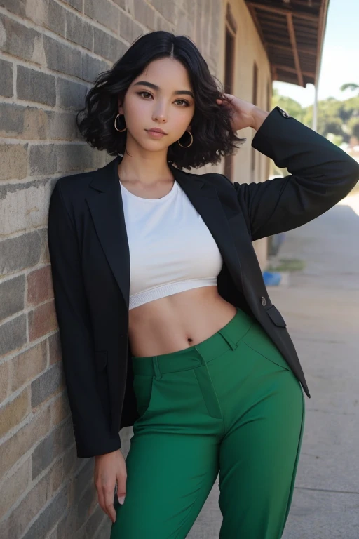 ((melhor qualidade)), ((Obra de arte)), ((cabelo ruivo)), (foto de corpo), (branca), (detalhado), rosto e corpo perfeito, black jacket and light green pants