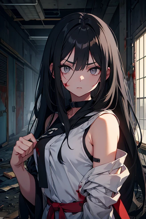 anime girl, long black hair, grey eyes, at night in an abandoned place, bandages on the arm, blood on hand, serious face