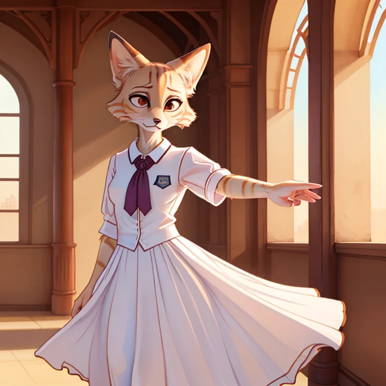 The female sand cat in the Beastars universe emanates a serene and ethereal beauty. With a slender frame and pristine white fur, she exudes grace and purity. Wearing the Cherryton Academy girl's uniform, she combines sophistication with a gentle and kind vibe. Her movements are fluid and graceful, leaving a lasting impression of her tranquil and compassionate presence in the academy.