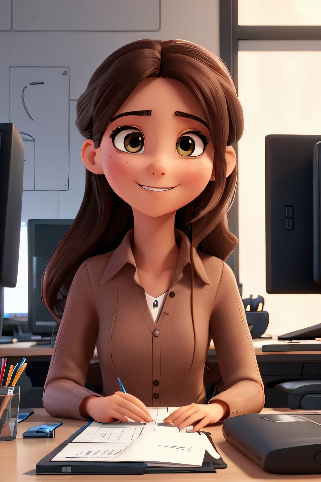 1 woman is sitting by a desk and working on the computer. Mejor calidad, futurista, fondo de pantalla 8k, Muy detallado, ILLUSTRATION, woman in her 20s, ropa formal, long straight dark brown hair, piel clara, dark brown eyes. imagen HD, sonrisa suave. Futuro, gamer, technology, Computing, programming, python. He has his hands on the laptop. Se ve en la pantalla de la computadora python.