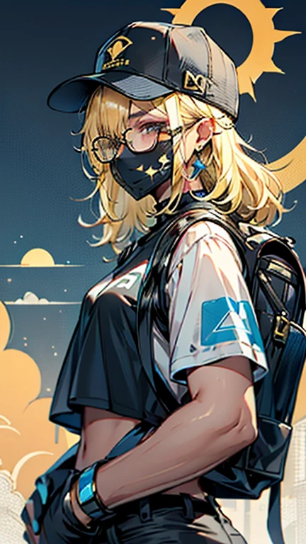 Black shirt with a blue hat with silver decoration, white horns with gold, a backpack in the shape of a sun, blonde hair and a black mask and glasses