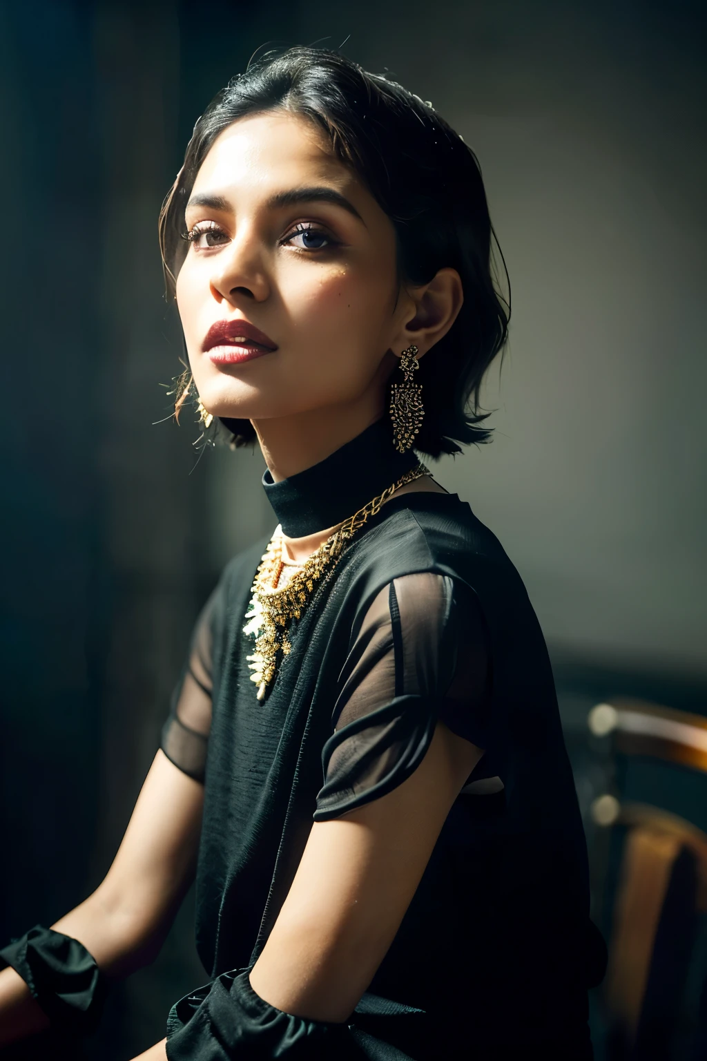 In this photograph, an Indian Instagram female model in her mid-20s takes center stage. , (highly detailed face:1.4) (smile:0.7) (backround 5 star hotel , moody, private study:1.OV, by lee jeffries, nikon d850, film stock photograph ,4 kodak portra 400 ,camera f1.6 lens ,rich colors ,hyper realistic ,lifelike texture, dramatic lighting , cinestill 800, realistic, wearing Black dobby weave self design fit & flare dress Sweetheart neck Short, puff sleeve Tie-up detail on back Above knee length in flounce hem Attached Lining Chiffon fabric, actress, karla ortiz, posing!!, candid picture, by Max Dauthendey,Completing the aesthetic, the model wears a slave collar with a chain around her neck. The photograph is meticulously captured in 8K resolution using cutting-edge techniques such as Cinema 4D and Octane Render, resulting in a highly detailed and photorealistic image. Studio lighting, HDR, and a smoky mist create a captivating ambiance, while the bokeh effect adds an artistic touch.
