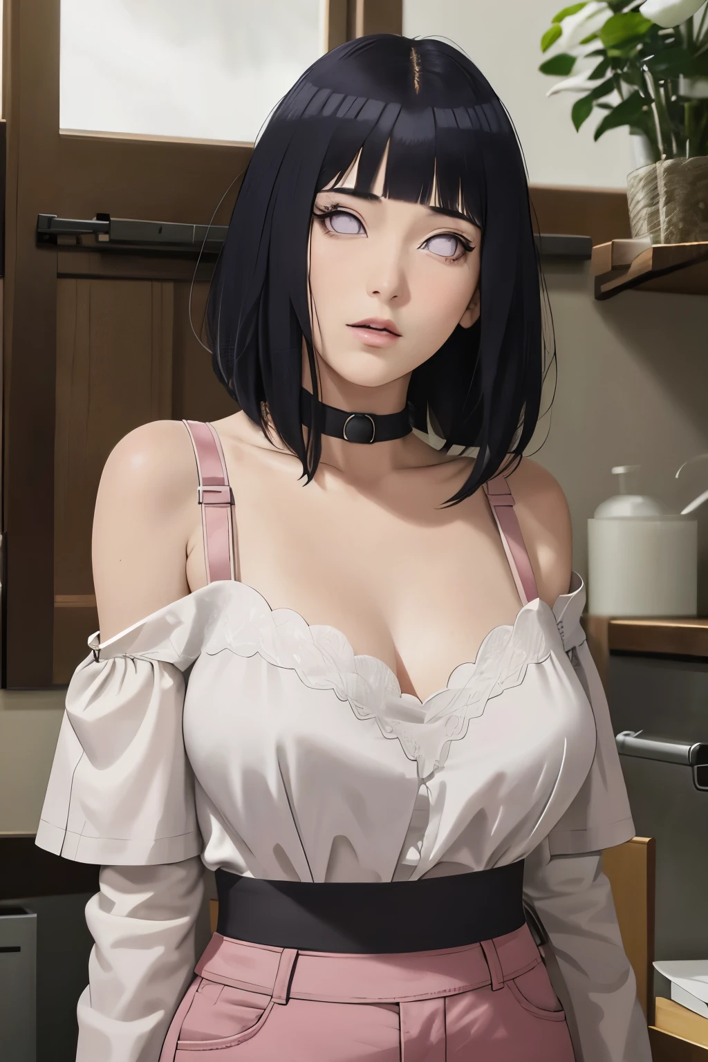 masterpiece, absurdres, hinata\(boruto\), 1girl, solo,mature female, off-shoulder strap bra, high waist short skirt, looking at viewer, perfect composition, detailed lips, big breast, beautiful face, body propotion, blush, (pink lips), long hair,  purple eyes,  soft gaze,  super realistic, detailed, photoshoot, realistic face and body, 