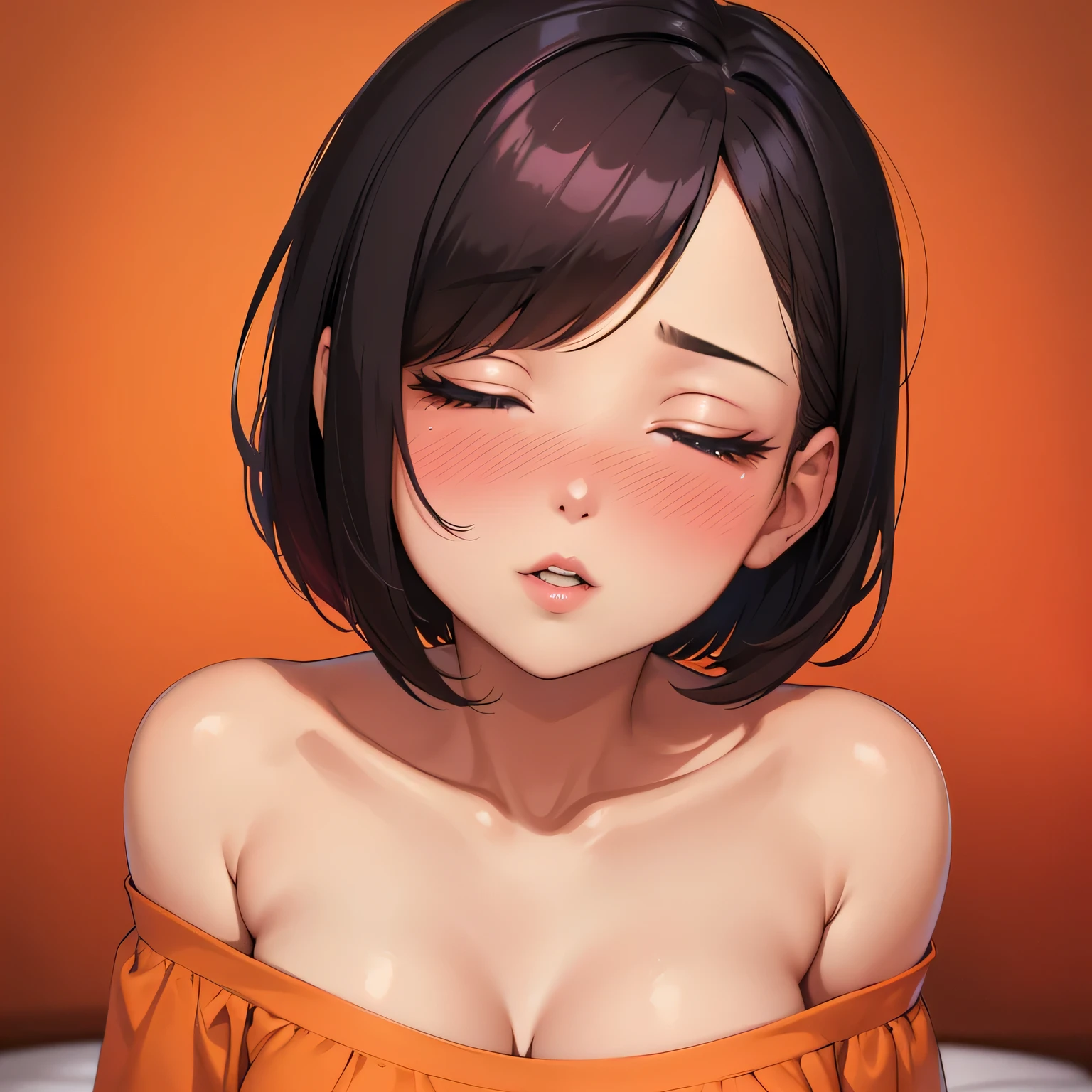 Amazing portrait of a sexy and cute girl with a short bob hairstyle and a seductive gaze who is blushing intensely with parted lips and is desperate and flustered and lustful wearing an off shoulder orange t shirt showcasing her bare shoulder while lying on bed