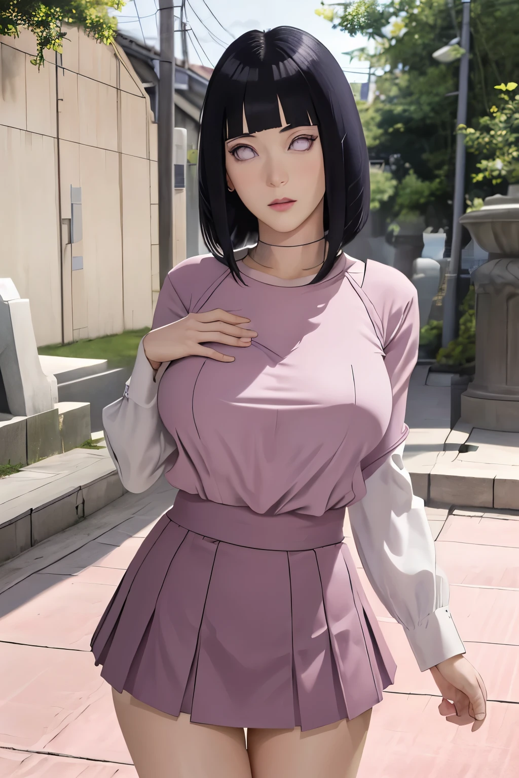 masterpiece, absurdres, hinata\(boruto\), 1girl, solo,mature female, high waist short skirt, looking at viewer, perfect composition, detailed lips, big breast, beautiful face, body propotion, blush, (pink lips), long hair, purple eyes, soft gaze, super realistic, detailed, photoshoot, realistic face and body,