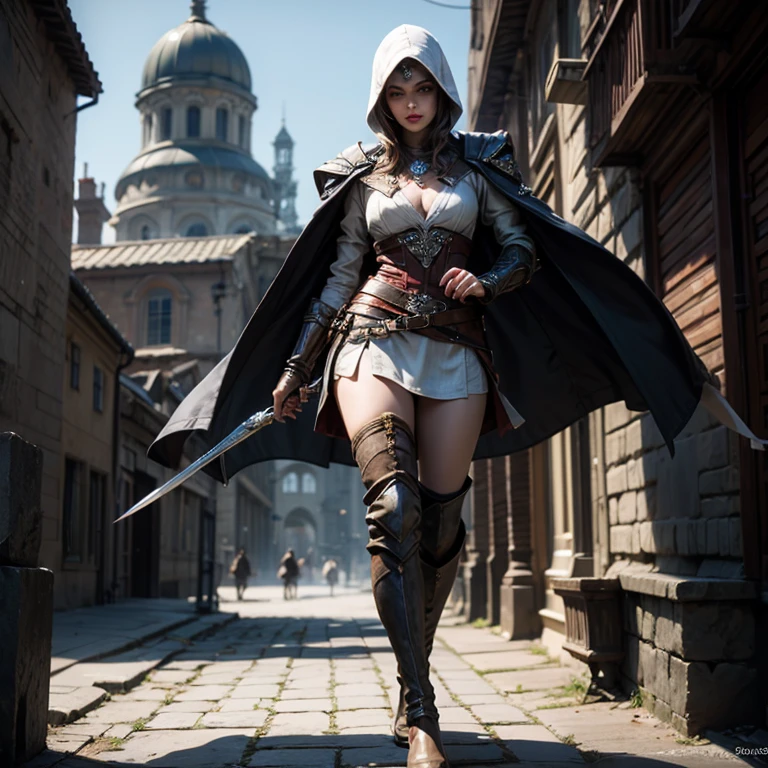 A full-body shot of depraved Princess Zelda, brown hair, blue eyes, dressed as an Assassin from Assassins Creed, in white+gold witha white mask and hood with gold details, XL bust, using a wrist blade. Background: A city during the renaissance period. Unreal Engine 5, Anime, Anime style, Masterpiece, Well drawn eyes, well drawn face, well detailed eyes, well detailed face, 8k, light and shadow effect.