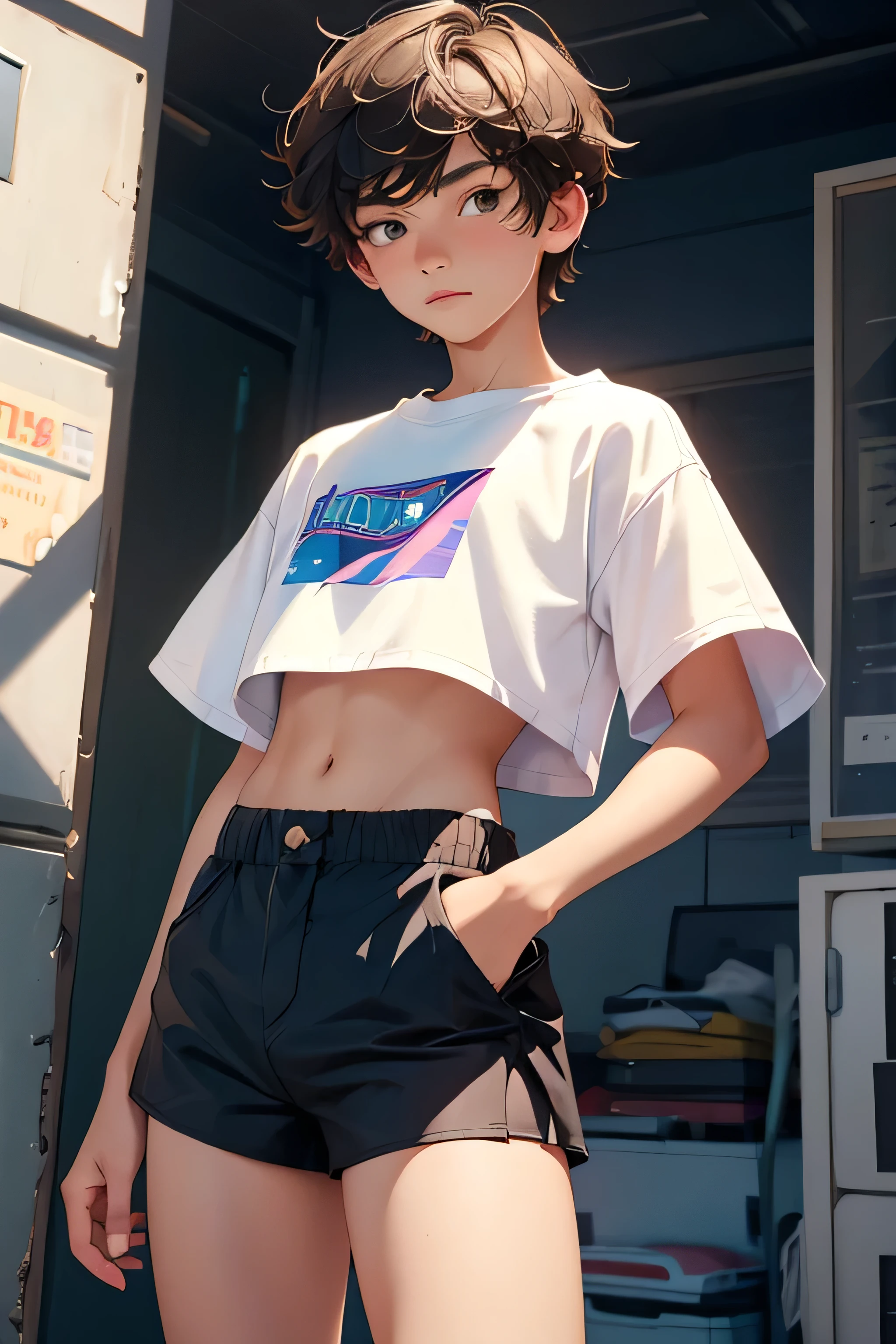 , boy wears a crop shirt and too very short mini shorts, beautiful legs, hot summer, highest quality,