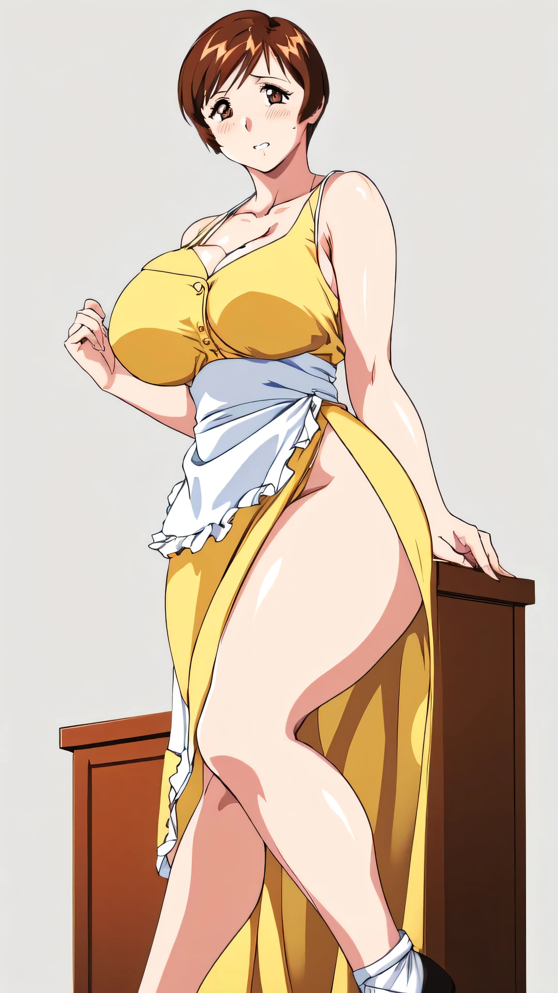 masterpiece, highest quality, High resolution, One Girl, alone, alone, short hair, etsukoto, fine grain, fine grain, (((Thick thighs, Plump thighs, Voluptuous thighs, Thighs are enough))), Big and ample breasts, Cleavage, Huge long breasts, Naughty big,((Big breasts are important))、((Naughty thighs)), L Cup, (thin:1.4),(Tight waist:1.4), (Perfect beautiful yellow dress:1.4), ((white waist apron)), Embarrassed look, White panties, (((Simple Background))), ((Wide Hips)), Shiny, Oily skin, Mature mother, Calf, Seductive mature woman, Perfect body, Plus Size Model, etsukoto, blush, clavicle, retro artstyle, 1990s (style), (((slip legs, bare legs, showing legs))), full body, from below,