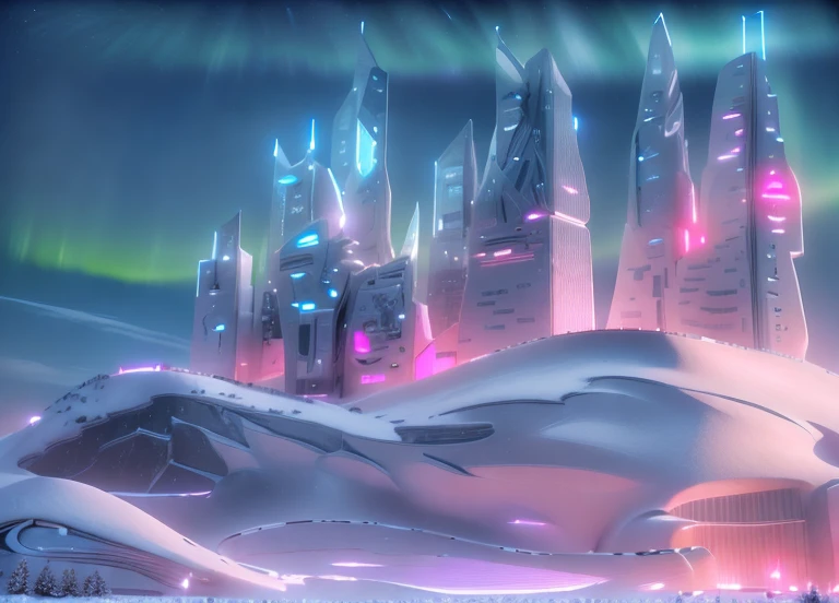 Masterpiece, 12k, uhd, photorealistic, a ultra beautiful suggestive landscape, with snow hills, snow land, futuristic metropolis in background, with skycrapers, night sky with stars, pink boreal aurora in the sky, light neon effects, cyberpunk dreaming atmosphere, (3D rendering buildings)