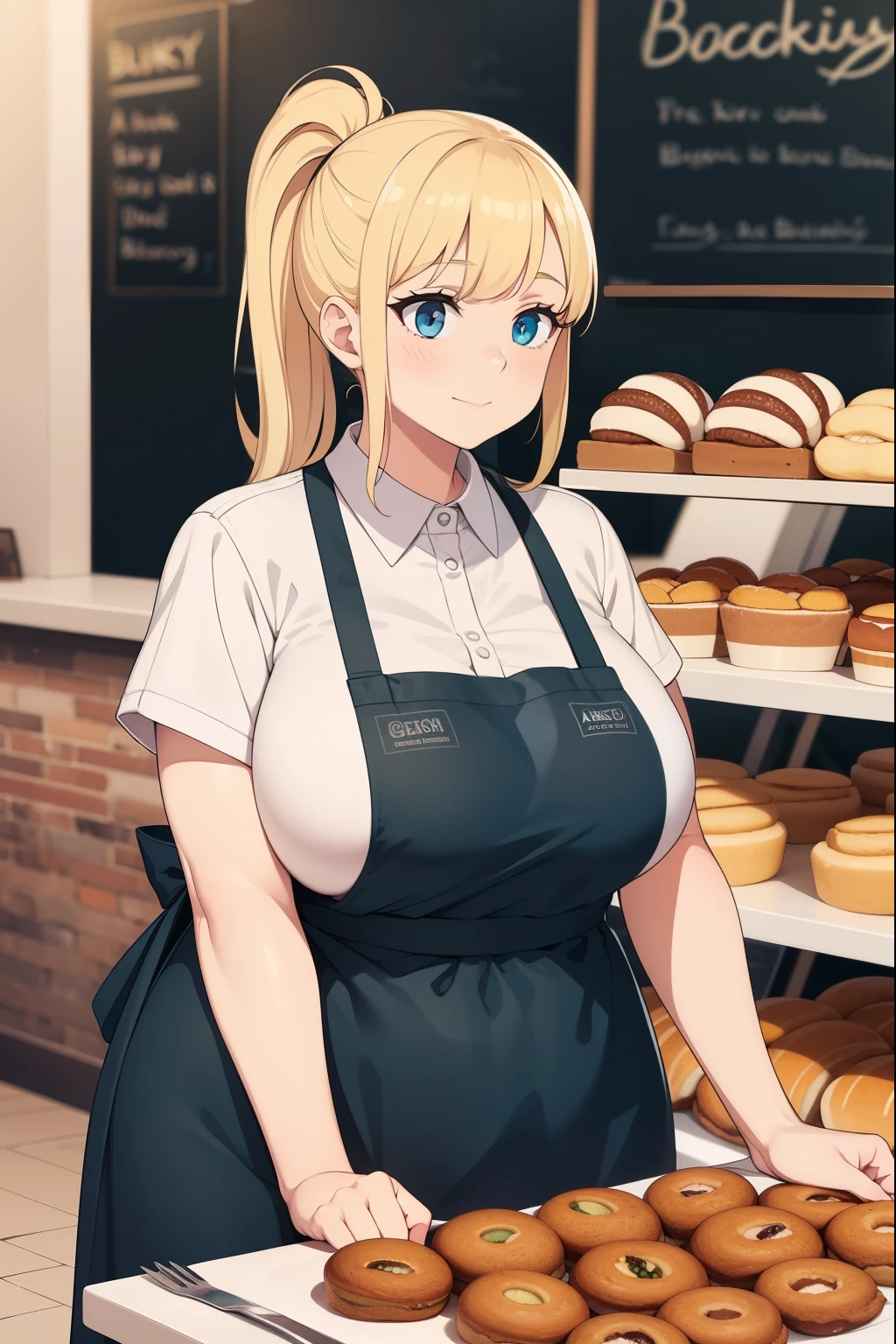 1woman, blonde hair, working in a bakery, ponytail, , chubby, big breasts, wearing a black apron and bakery work outfit. chubby belly.