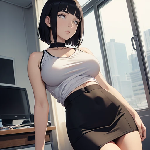 (masterpiece), anime, Best quality, good anatomy, one girl, Hinata Hyuga, (full height), white eyes, Big breasts, realistic face, gloomy face, Looking down, dark hair, short haircut, navel ,bare shoulders, tight black top, decollete, black pencil skirt, tall legs, beautiful legs, office, Reflectors, 8K masterpiece, super detail, film movie, best quality, best ditails, detailed face, detailed eyes, camera from bellow