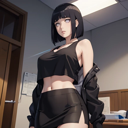 (masterpiece), anime, Best quality, good anatomy, one girl, Hinata Hyuga, (full height), white eyes, Big breasts, realistic face, gloomy face, Looking down, dark hair, short haircut, navel ,bare shoulders, tight black top, decollete, black pencil skirt, tall legs, beautiful legs, office, Reflectors, 8K masterpiece, super detail, film movie, best quality, best ditails, detailed face, detailed eyes, camera from bellow