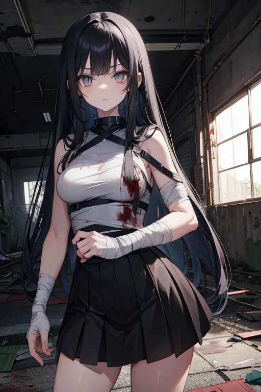 anime girl, long black hair, grey eyes, at night in an abandoned place, bandages on the arm, blood on hand, serious face