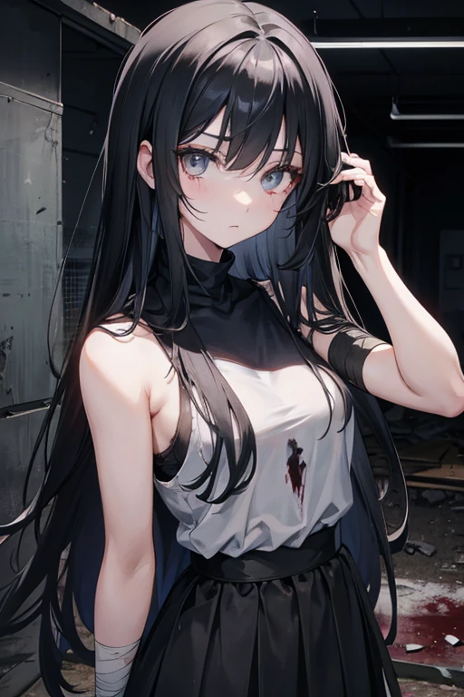 anime girl, long black hair, grey eyes, at night in an abandoned place, bandages on the arm, blood on hand, serious face