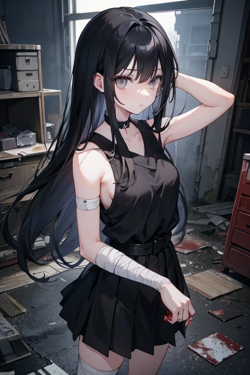 anime girl, long black hair, grey eyes, at night in an abandoned place, bandages on the arm, blood on hand, serious face