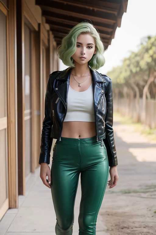 ((melhor qualidade)), ((Obra de arte)), ((cabelo louro)), (foto de corpo e pernas), (branca), (detalhado), rosto e corpo perfeito, black leather jacket and light green pants, cabelo da cor loiro e sapatos azuis escuros