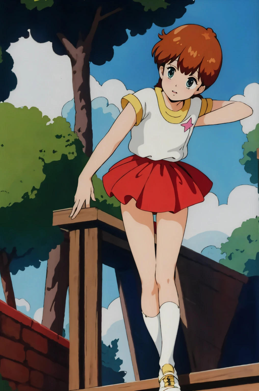 hikaru hiyama, 1girls, masterpiece, highest quality, disorganized, retro artstyle, 1980s \(style\)))), look viewer, (((sailor uniform))), (esper_mami), (((scoolgirl uniform))), knee shot, full blush, (((white Panties))),, Take a look here, view audience, short hair, 2girls, nsfw, Genitals are visible, (((See here))), (Japanese girl showing off panties:1.1), look viewer, from below, (((a girl, Flying in the air in a sailor uniform, from the knees up, overlooking the cityscape below,))),