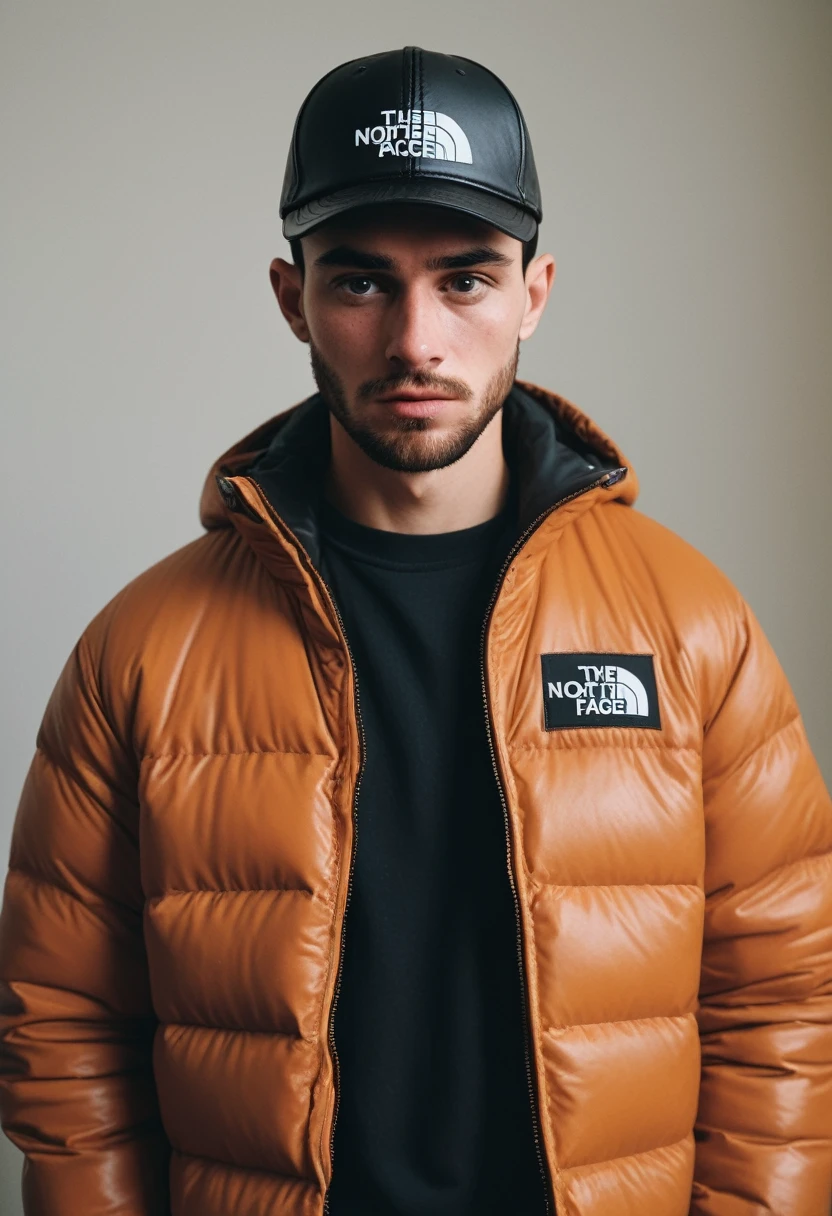 candid cinema, 16mm, color graded portra 400 film, remarkable color, textured skin, remarkable detailed pupils, visible skin detail, skin fuzz, dry skin, ((full view))), ((full body complete:1.8))), RAW low contrast photograph of a chav, 20 year old tall and lanky Caucasian handsome guy, some beard, He has dark brown buzz cut and freckles on his face, (Stubble:1.9), (Masculine:1.5), mild body hair, scally guys, full body, with a very shiny and huge black nylon puffer jacket "the north face":1.7, (wears a black leather cap:1.8)++, he is looking down at the viewer angrily, (partially tattooed on face, neck and hands;1,8), The photo is taken at night inside his room from a low angle