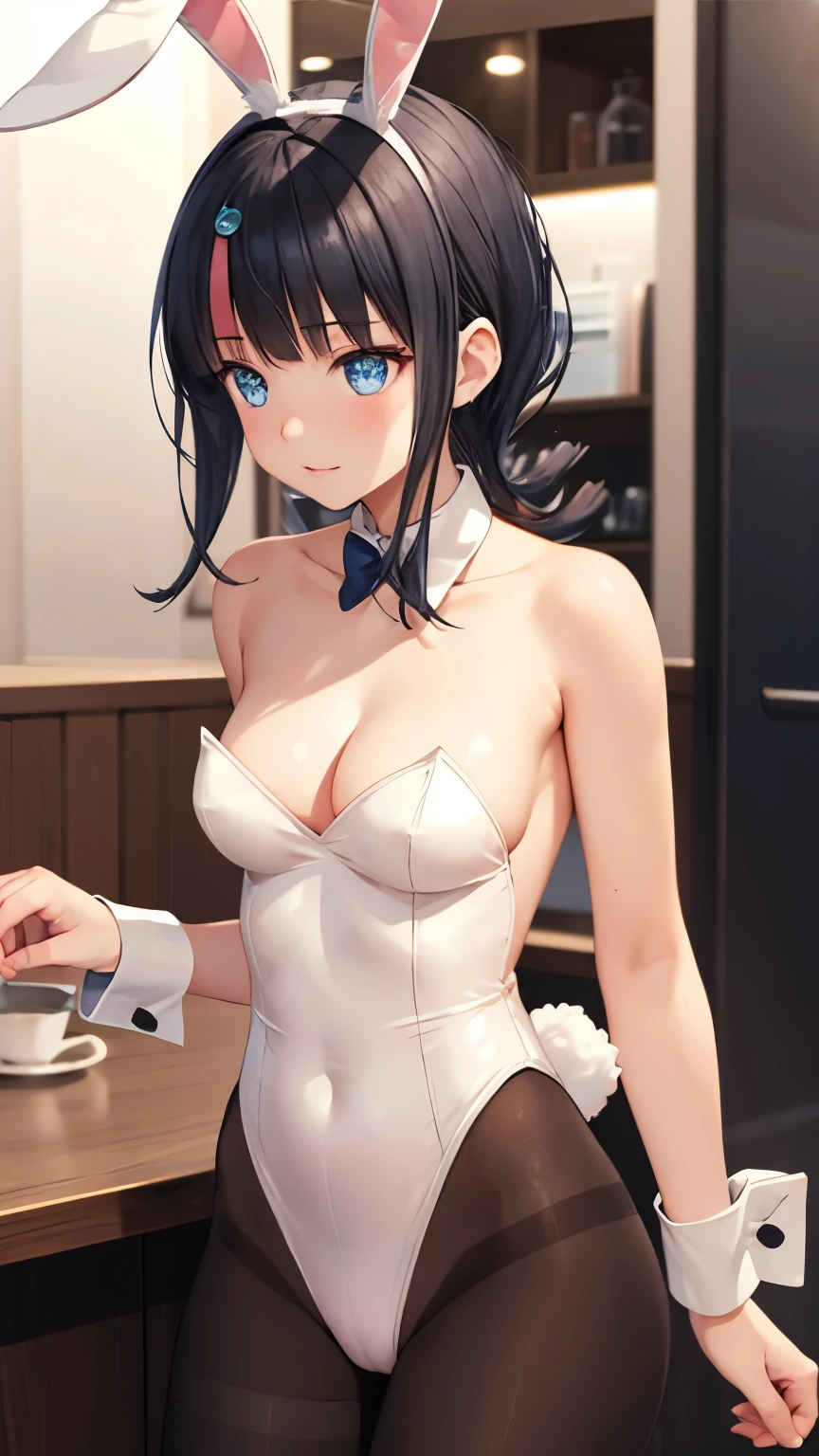 masterpiece, great quality, ultra detail, illustration, game cg, 1girl, solo, (FGOErice), collarbone, cleavage, blush, standing, bunnygirl, bunny ears, detached collar, wrist cuffs, pantyhose, strapless leotard, cafe