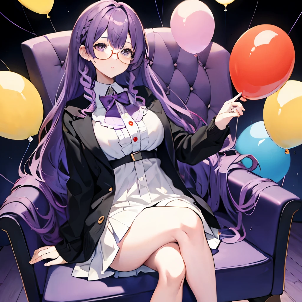 glasses anime girl with curly purple hair sitting on big chair  holding a balloon one hand