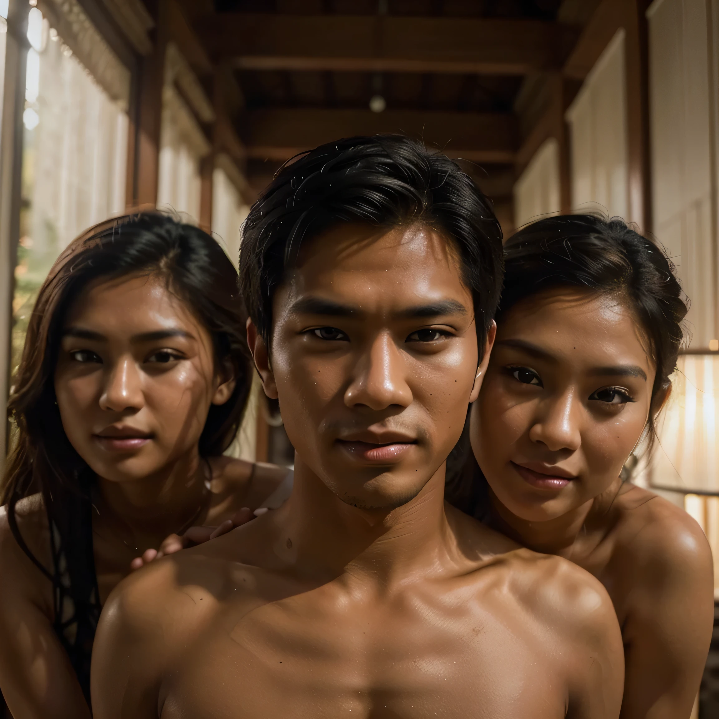 A handsome Indonesian young man is taking a photo together with two naked woman, best quality, realistic, photorealistic, (intricate detail: 1.2), (fine detail), (light cinematic), clear lines , sharp focus, realistic face, detailed face, unity 8k wallpaper, very high resolution, (photorealistic: 1.4), He is looking at the viewer