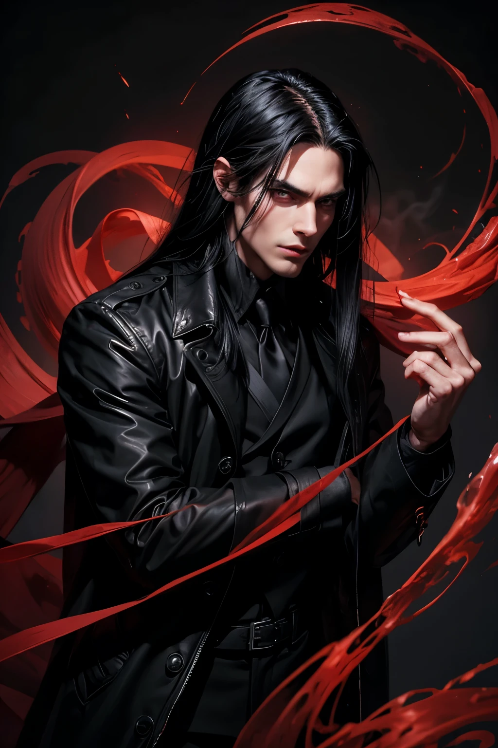 One handsome young man of 30 years old with a thin body and a handsome full-length shaved face with (((long black straight hair))) and red eyes in black trench fabric coat, black shirt in full growth throws red vapor from his fingers, an evil serious concentrated expression on his face, thin eyebrows brought together, long eyelashes, a beautiful serious thin face, a straight nose, big eyes, full-length, dynamic pose, throwing red smoke from your fingers
