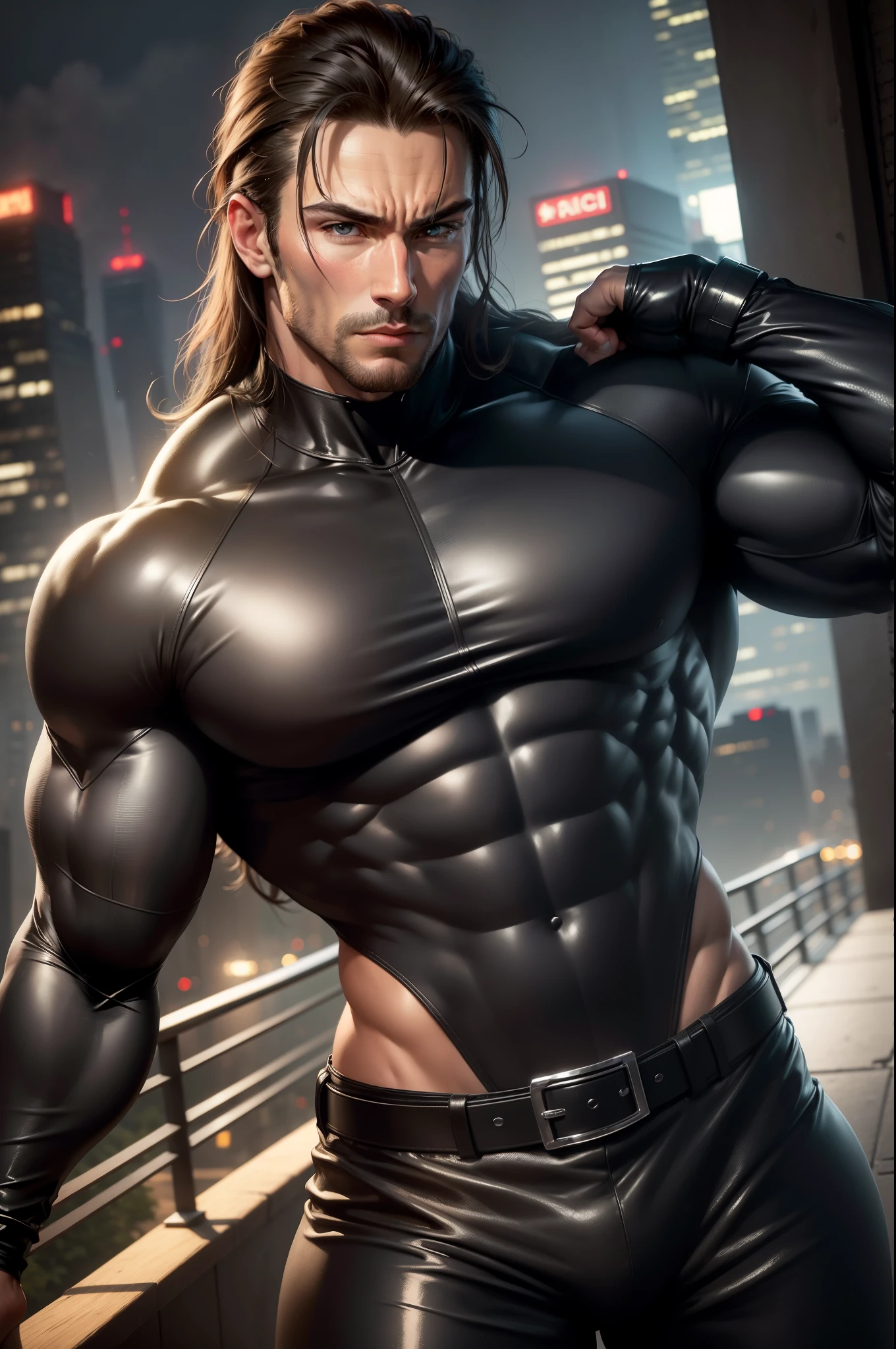 ((realistic: 1.5)),((best quality)), ((masterpiece)),((detailed)), male ninja, Vigilante, Caucasian American, handsome, photorealistic face, model length hair, attack position, ninja vigilante tactical superhero outfit, katana on the back,wearing shiny black rubber suit, leather gloves,crop top shirt, abdominal muscles visible, just outside of the city with evening cityscape in the background, huge biceps, huge muscles, muscular big body, wearing tight black rubber pants, no belt