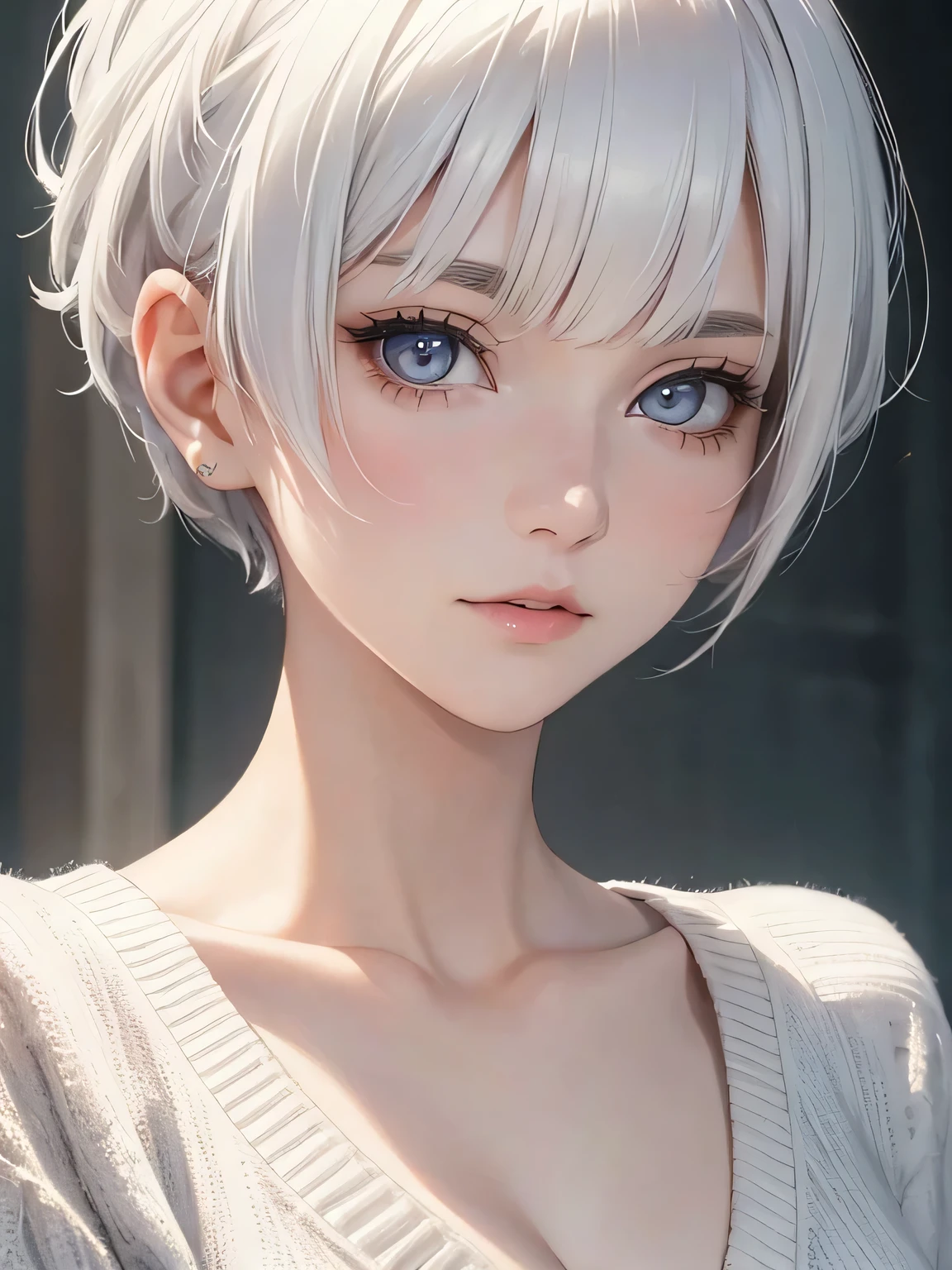 Masterpiece, best quality, high resolution, amazing details, 23 years old girl, pixie cut white hair, bangs, downturned white eyes, portrait, close-up, looking infront, looking at the camera, very fair skin, plain background, tshirt, cardigan