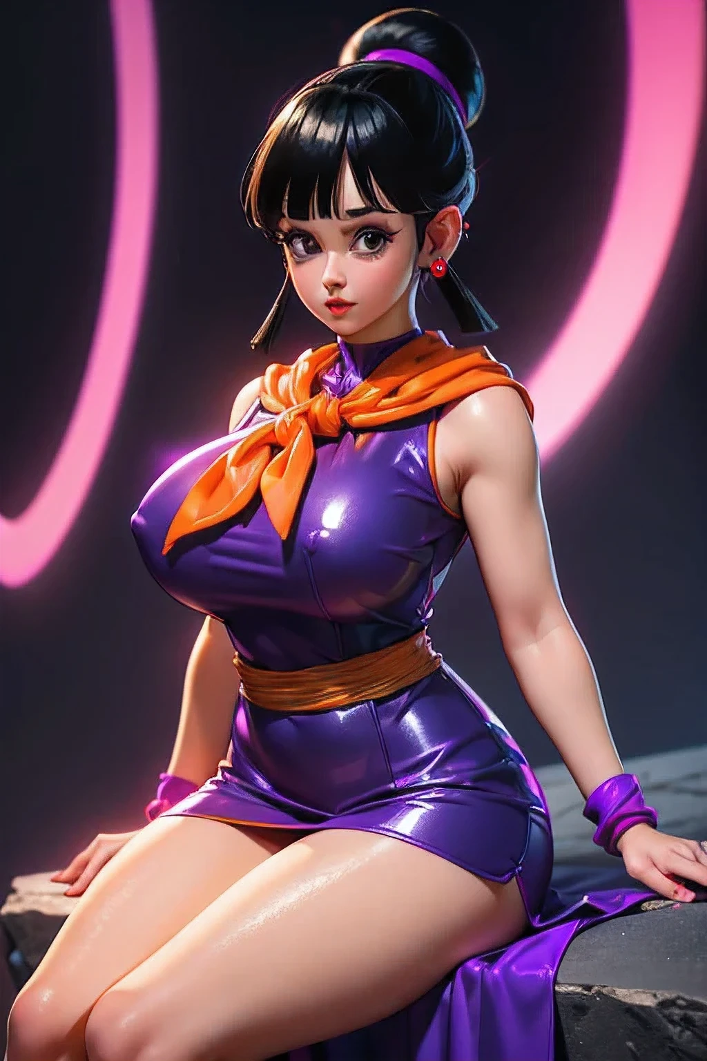 (ultra realistic,32k,RAW photo:1.1),(high detailed skin:1.1), 8k uhd, dslr, high quality, film grain, (makeup, mascara:1.1), lips,(thick\lips\), 
(shiny glossy translucent clothing:1.1), dragon ball, bbchichi, single hair bun, hair bun, blunt bangs, sidelocks, black eyes, earrings, orange neckerchief, orange scarf, purple dress, sleeveless, bracelet, huge breast, clavages, full body, thicklegs 
(looking at viewer, portrait:1.1),, 
 (busty:1.1) ,  (chubby:0.1),(soft shaded neon light:1.1),dark theme, A very clean and well organized contemporary place