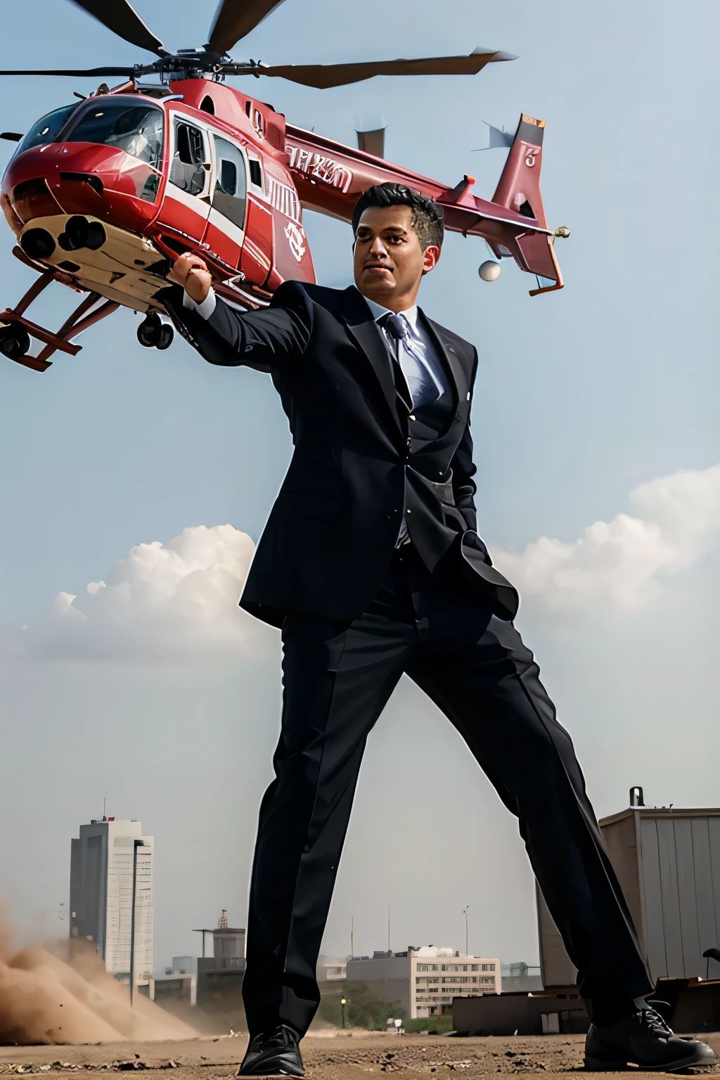 Rich man throwing bundle of money from a helicopter