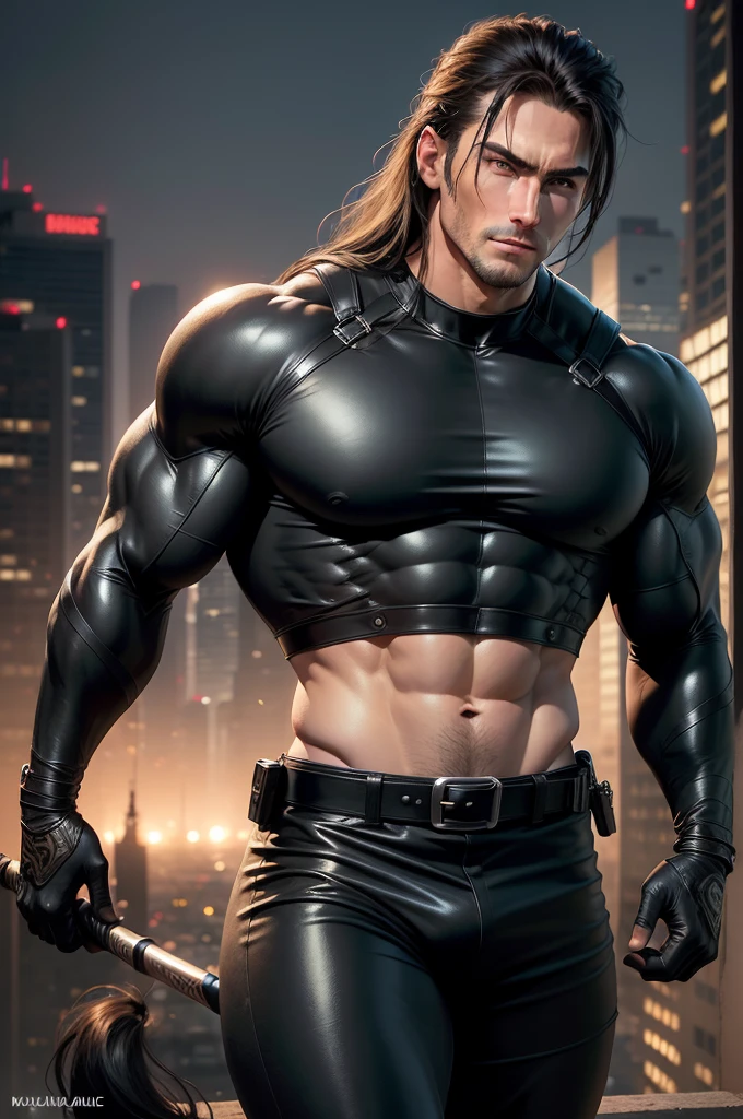 ((realistic: 1.5)),((best quality)), ((masterpiece)),((detailed)), male ninja, Vigilante, Caucasian American, handsome, photorealistic face, model length hair, attack position, ninja vigilante tactical superhero outfit, katana on the back,wearing shiny black rubber suit, leather gloves,crop top shirt, abdominal muscles visible, just outside of the city with evening cityscape in the background, huge biceps, huge muscles, muscular big body, wearing tight black rubber pants, no belt