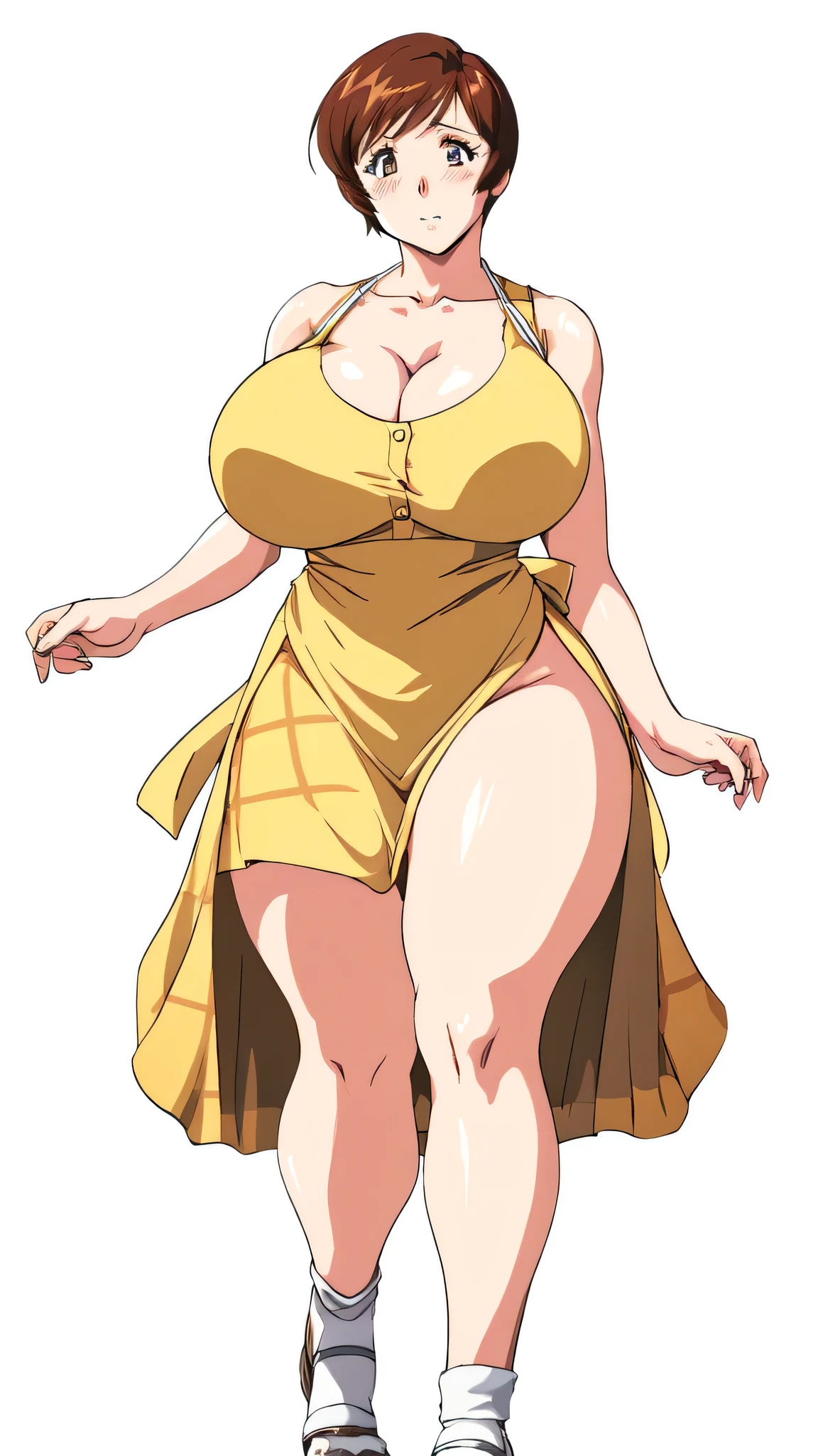 masterpiece, highest quality, High resolution, One Girl, alone, alone, short hair, etsukoto, fine grain, fine grain, (((Thick thighs, Plump thighs, Voluptuous thighs, Thighs are enough))), Big and ample breasts, Cleavage, Huge long breasts, Naughty big,((Big breasts are important))、((Naughty thighs)), L Cup, (thin:1.4),(Tight waist:1.4), (Perfect beautiful yellow dress:1.4), ((white waist apron)), Embarrassed look, White panties, (((Simple Background))), ((Wide Hips)), Shiny, Oily skin, Mature mother, Calf, Seductive mature woman, Perfect body, Plus Size Model, etsukoto, blush, clavicle, retro artstyle, 1990s (style), (((slip legs, bare legs, showing legs))), full body, from below,