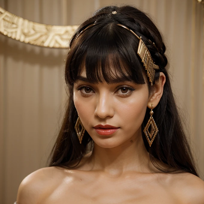 A beautiful woman , with dark hair tied high, with geometric fringe in the style of Cleopatra,in typical Egyptian transparent ceremonial clothes, with slightly exposed, slightly pointed ears and beautiful red lips.