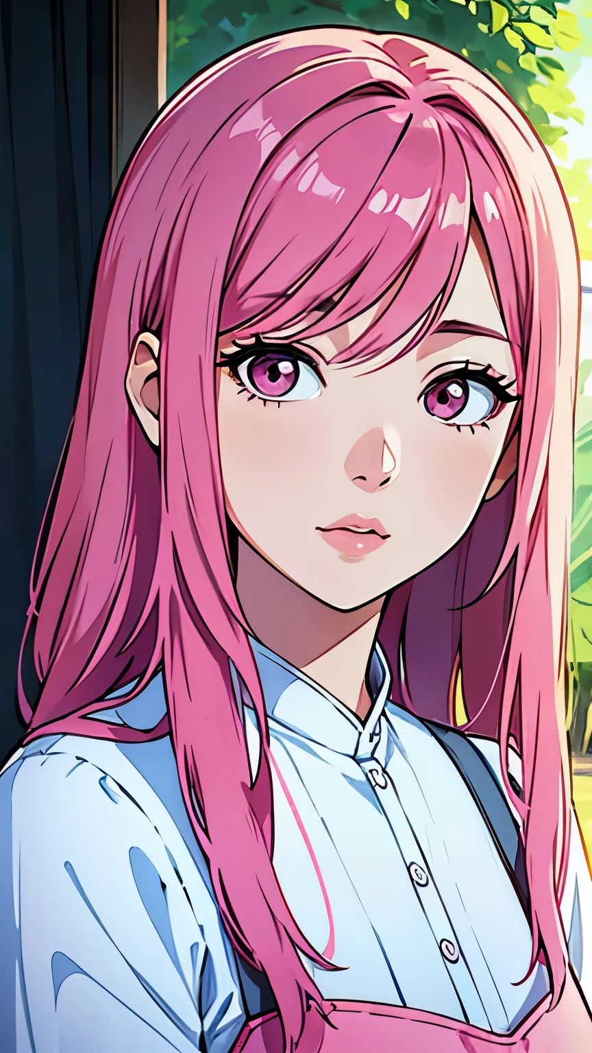 Woman looking this way、(highest quality, Natural light)、Stylish、pink hair, noon, detailed background