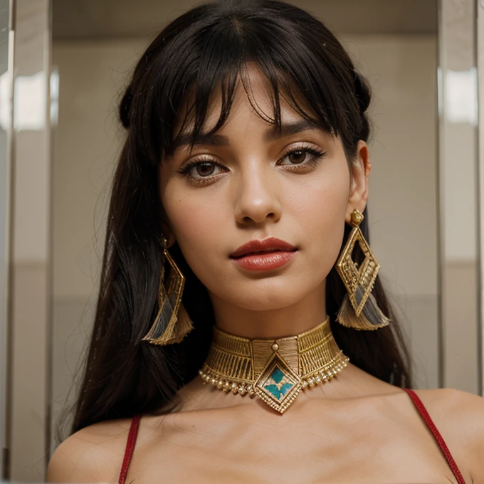 A beautiful woman , with dark hair tied high, with geometric fringe in the style of Cleopatra,in typical Egyptian transparent ceremonial clothes, with slightly exposed, slightly pointed ears and beautiful red lips.