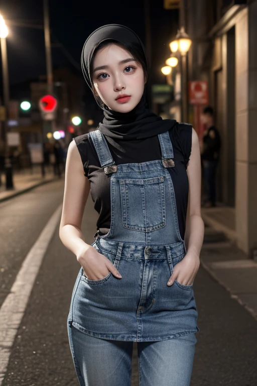 (realistic photos of Hijab Korean female, slightly smile,expressive eyes,eye makeup,street light background,standing posture,confident attitude,Eye-Level Shot, slightly blurry background,UHD,masterpiece:1.2,highres,16k), pinafore with long Jeans