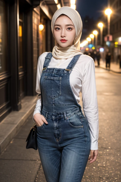 (realistic photos of Hijab Korean female, slightly smile,expressive eyes,eye makeup,street light background,standing posture,confident attitude,Eye-Level Shot, slightly blurry background,UHD,masterpiece:1.2,highres,16k), pinafore with long Jeans