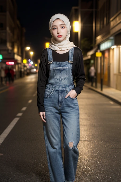 (realistic photos of Hijab Korean female, slightly smile,expressive eyes,eye makeup,street light background,standing posture,confident attitude,Eye-Level Shot, slightly blurry background,UHD,masterpiece:1.2,highres,16k), pinafore with long Jeans