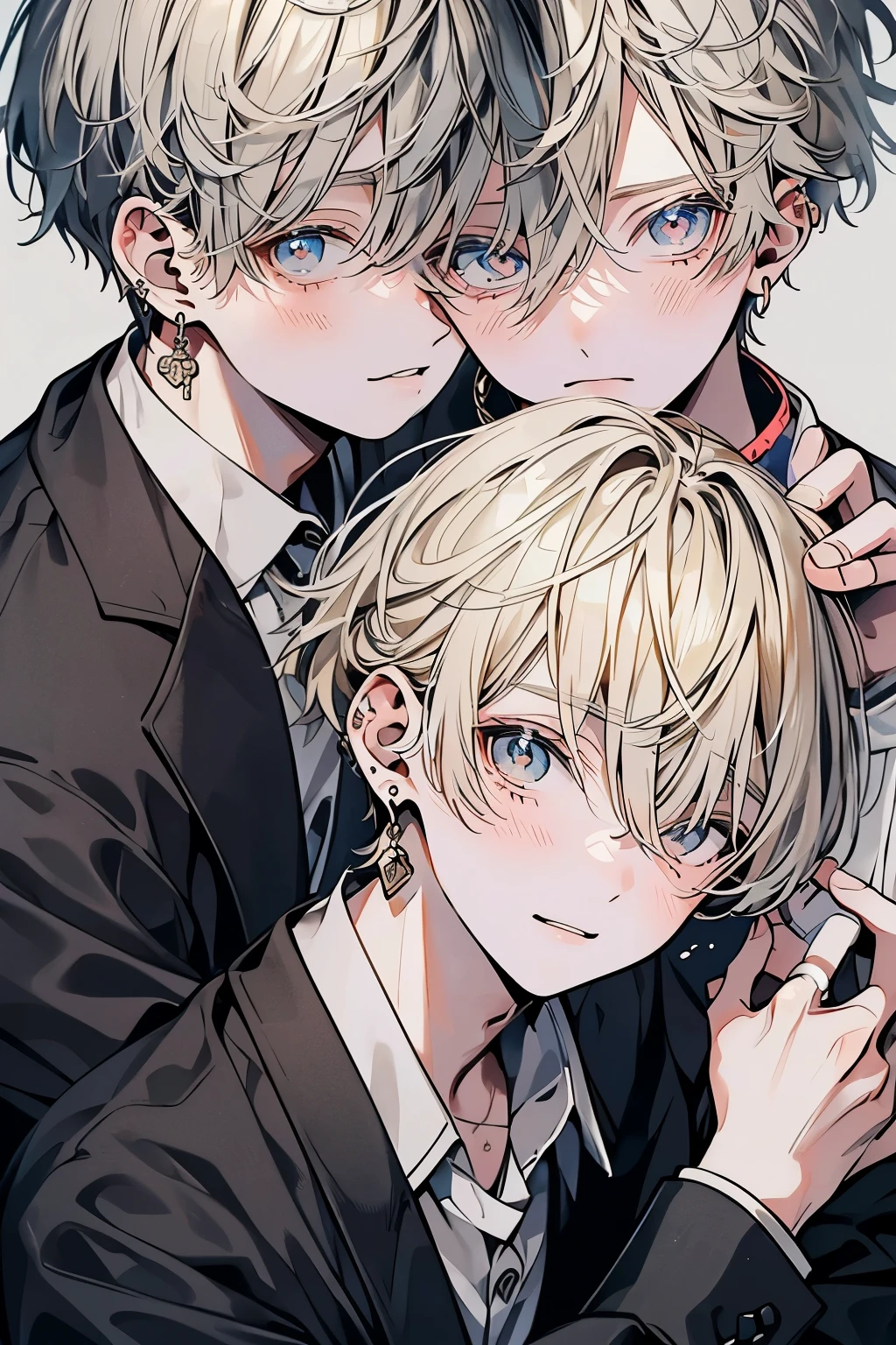 (masterpiece), (highest quality), Very detailed, ((Two friendly men)), Perfect Face, Beautiful Face, Very detailed顔,(Blond hair man:1.3),(Grey-haired man:1.3),suit,shirt,Earrings,sexy