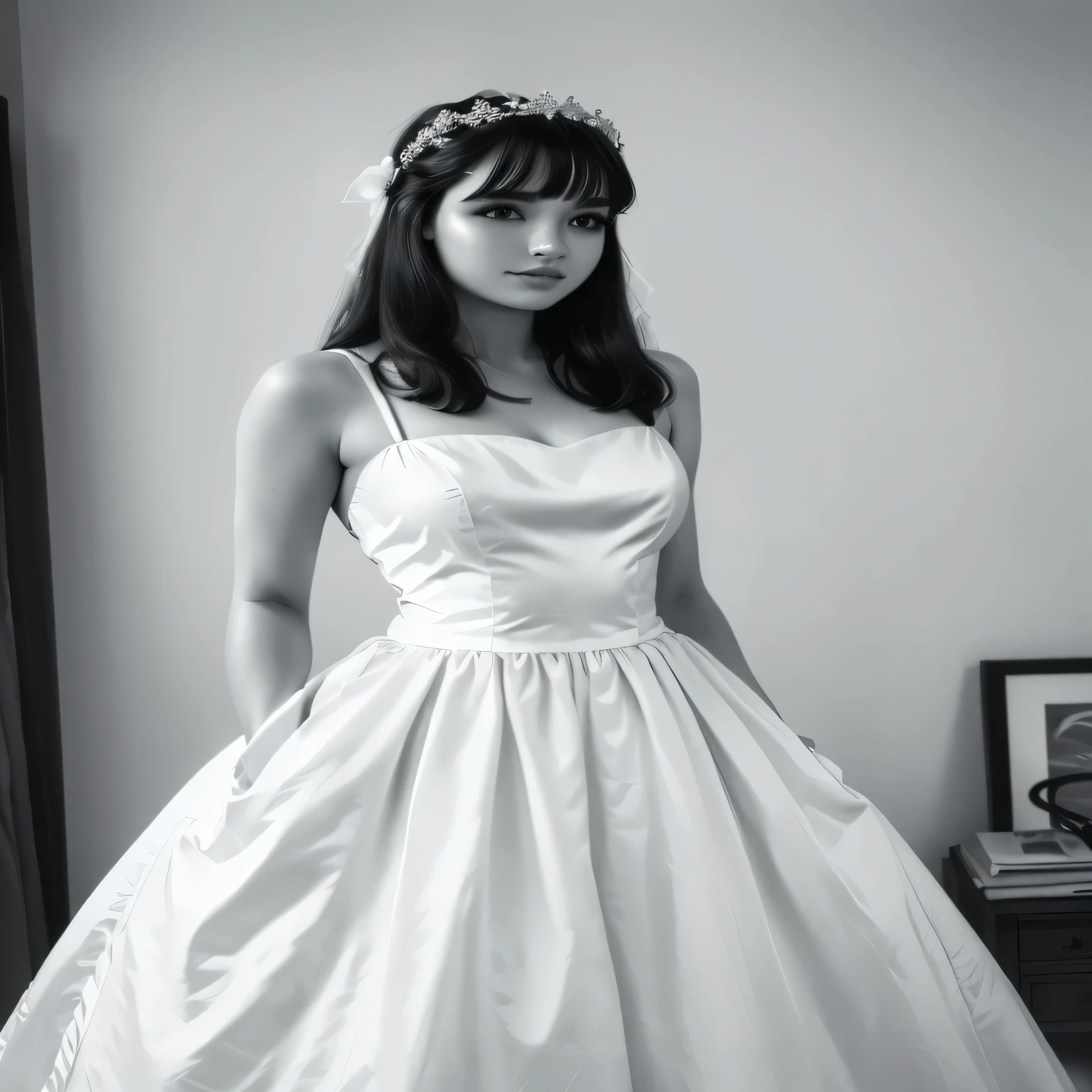 arafed woman in a vestido de novia standing in a room, wearing a vestido de novia, inspirado en la vendimia, Vestido completo, vestido de novia, vestido blanco, Rafael, 1950, 1950, 1 9 5 0, nico con un vestido blanco, alexandra fomina, plata，Marfil, wearing a magnificent dress, usando un vestido maravilloso