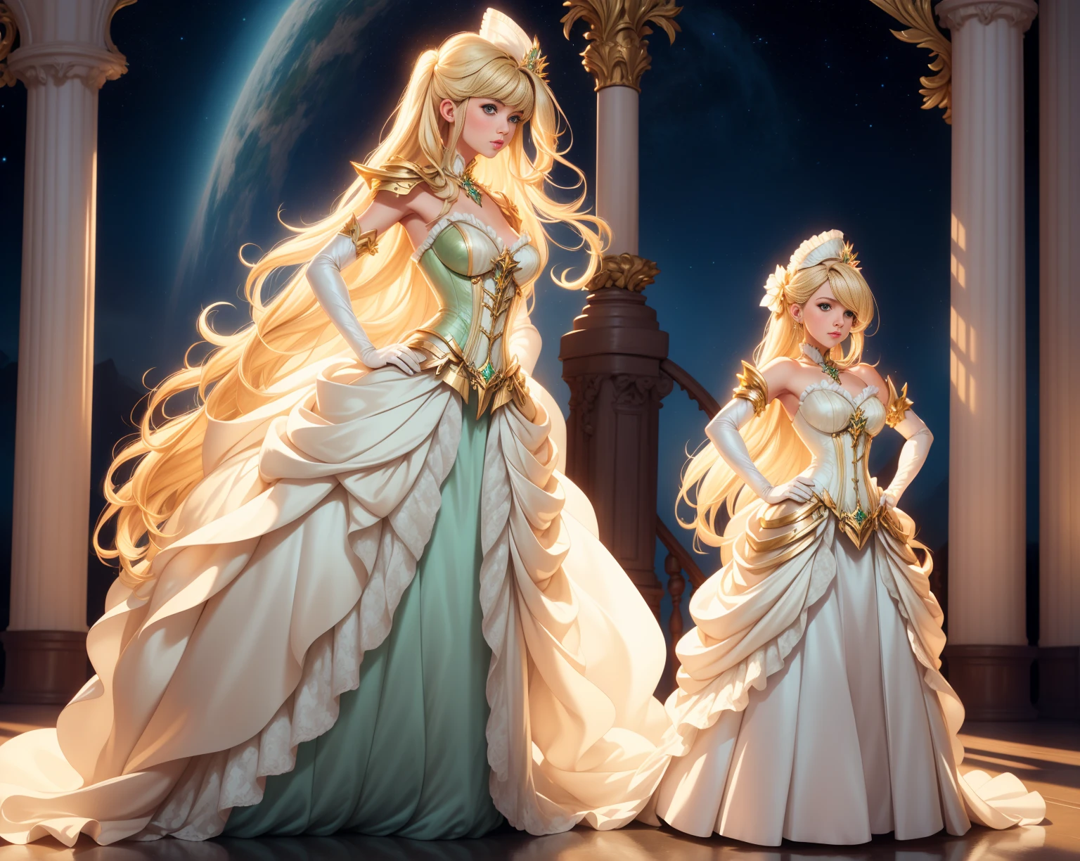 ((Full body photo,standing, feet on the ground)),ethereal fantasy concept art of   1girl, solo, beautiful adult woman, age 30, grand hall, Mythra \(xenoblade\), Bright blonde long hair, white and gold dress, glowing green accents,  interior,  jewelry, best quality, high quality,  corset, (german fashion) blue satin dress, frills, long dress, bu5tl3, full body, hands on hips, [profile::1] elbow gloves, mini hat,  . magnificent, celestial, ethereal, painterly, epic, majestic, magical, fantasy art, cover art, dreamy