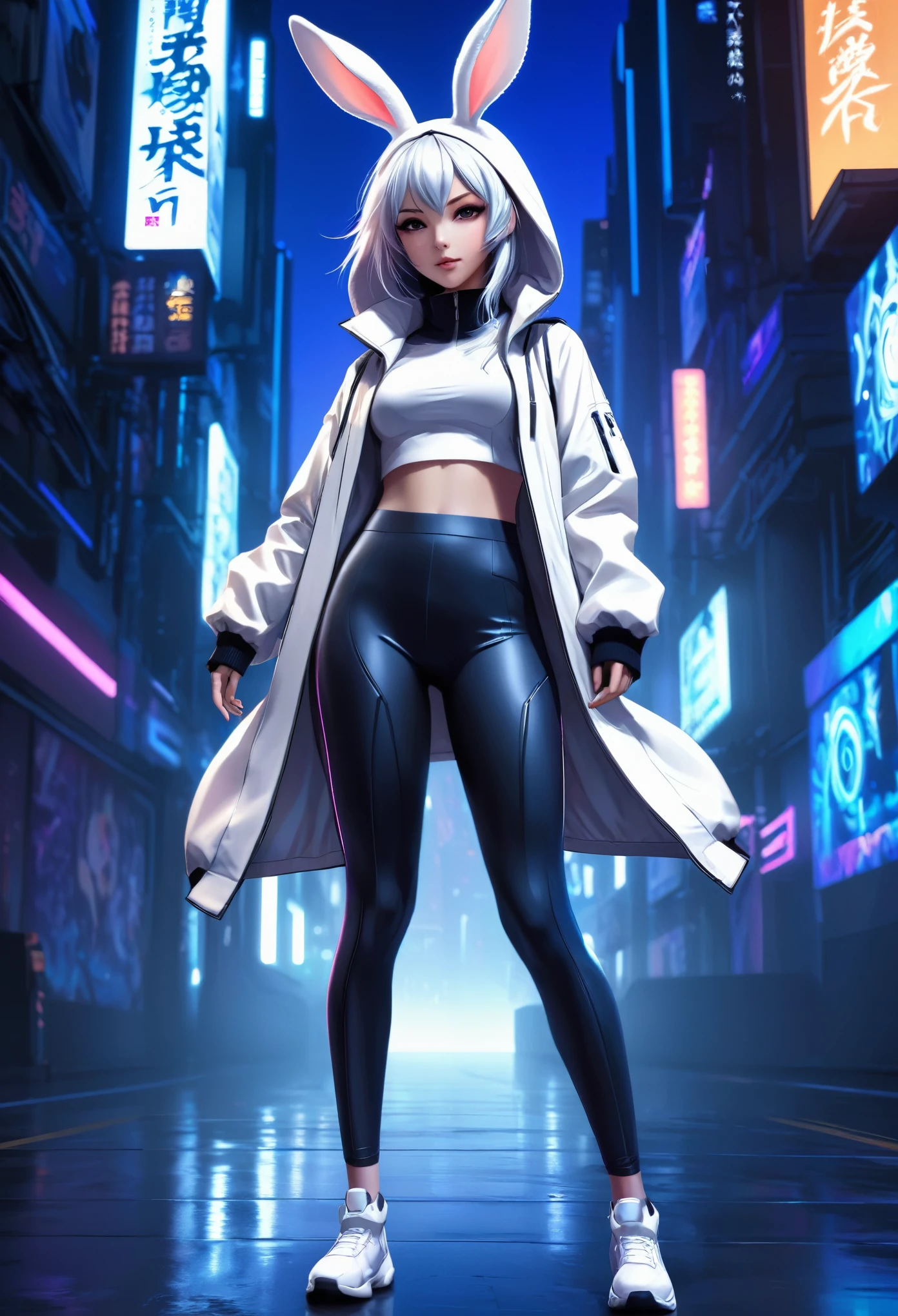 Full body shot of an anime cute rabbit girl wearing a white jacket and black leggings, cyberpunk background, dark blue light in the background, concept art in the style of Artgerm, trending on pixiv fanbox wallpaper
