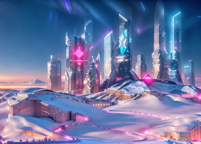 Masterpiece, 12k, uhd, photorealistic, a ultra beautiful suggestive landscape, with snow hills, snow land, futuristic metropolis in background, with skycrapers, night sky with stars, pink boreal aurora in the sky, light neon effects, cyberpunk dreaming atmosphere, (3D rendering buildings)