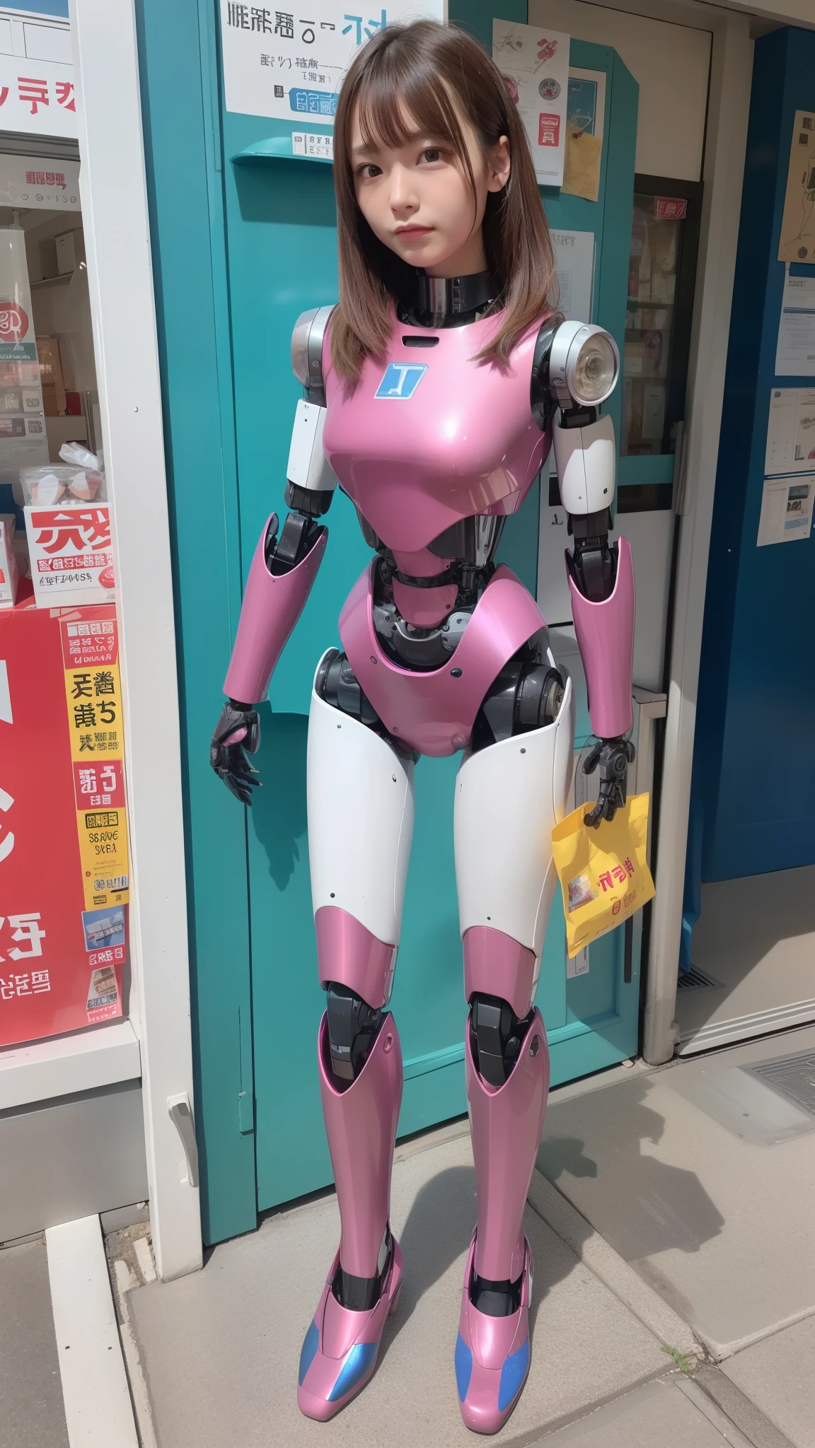 (Photorealsitic:1.4)、one robot girl、(top-quality)、(hyperdetailed face)、(Super well-formed face)、(Robot Parts)、(Female-Robot)、(17 years-old)、(Blue)、(pink there)、(Burgundy)、(metallic)、(full-body)、(sexy pose)、(Slender body)、(Model body type)、(full body mech)、(Street of Akihabara)、(is looking at the camera)、(A brown-haired)、(Well-proportioned body)、(a small face)、(a small head)、(well-groomed fingers)、(Idol)、(front facing)、(Standing with legs open)、(Photo session)、(Looks sad)、(perfect-female-robot)、(perfect-mechanical-body)