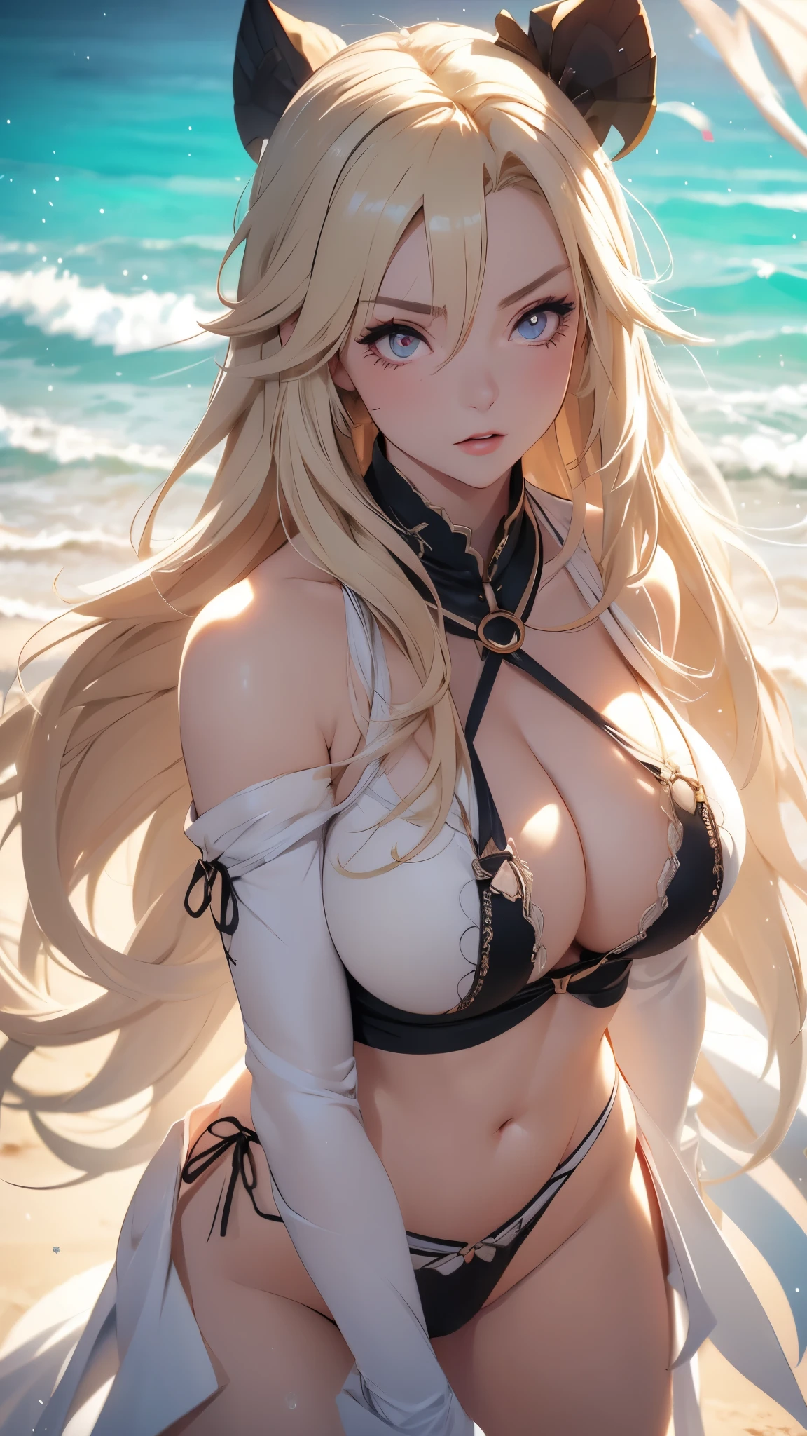 Tsunade de Naruto, nue (huge tits), cheveux blancs, Haut du corps, abdos, symmetrical round breasts, deserted beach, gros seins, gigantesque seins, 4K ultra UHD, mains parfaites, cing doigts, yeux parfaits, bikini dentelle rouge